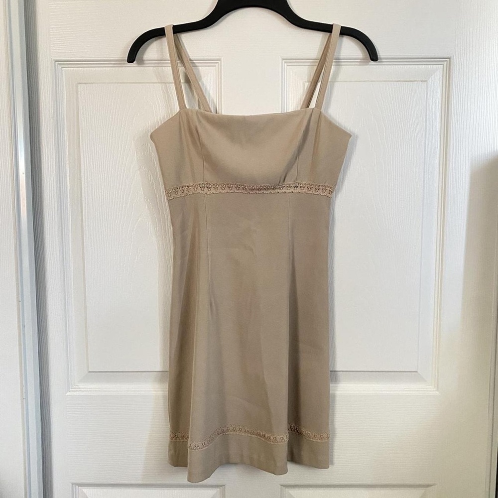 Beige Satin-Feel Slip Dress with Delicate Trim